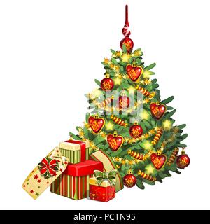 Skizze mit bunt geschmückten Weihnachtsbaum. Ein Bündel von Kartons mit Geschenken. Beispiel für das Plakat, Einladung und anderen Karten. Vector Illustration. Stock Vektor