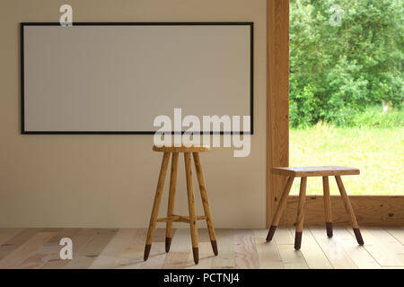 3D-Darstellung. Mockup ein Poster 56 x 120 cm in Gebäude. Zimmer mit Holzboden und Fenster mit Blick auf die Natur. Rückenfreies Barhocker ma Stockfoto