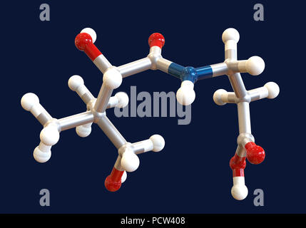 Vitamin B5 (Pantothensäure), molekulare Modell. Dieses Vitamin ist für die Synthese von Coenzym-A erforderlichen Atome sind als Kugeln dargestellt und sind farblich codiert: Carbon (grau), Wasserstoff (weiß), Stickstoff (blau) und Sauerstoff (rot). Stockfoto