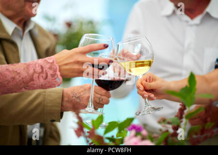 Freunde jubeln mit Weingläsern Stockfoto