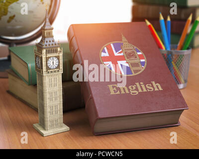 Studieren und Englisch Konzept lernen. Buch mit Flagge von Großbritannien und Big Ben Tower auf dem Tisch. 3d Iluustration Stockfoto