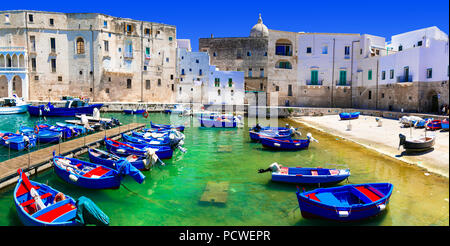 Schöne Stadt Monopoli, Aussicht mit Häusern und mit traditionellen Booten, Apulien, Italien. Stockfoto