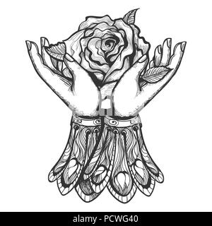 Menschliche Hände halten Rose Blume in dunklen Romantik Tattoo Stil gezeichnet. Vector Illustration. Stock Vektor