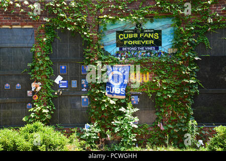 Jenseits der Reben ist ein Chicago Cubs themed Columbarium, bei der sich die Lüfter in einem Ziegelstein outfield Wand mit Efeu und Sitze vom Wrigley Field interniert werden können Stockfoto