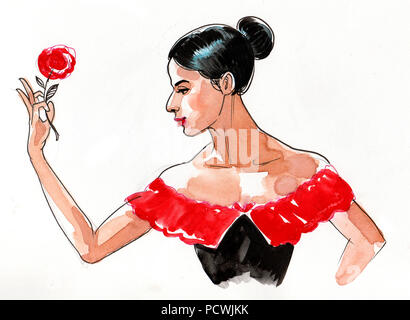 Flamenco Tänzerin mit einer roten Rose. Tusche und Aquarell Abbildung Stockfoto