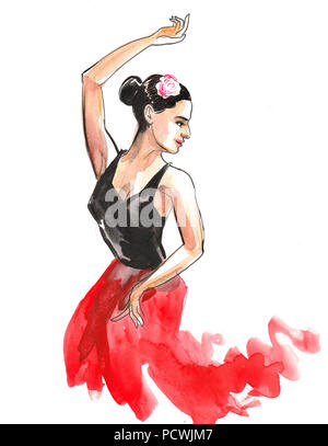 Schöne Flamenco Tänzerin. Tusche und Aquarell Abbildung Stockfoto