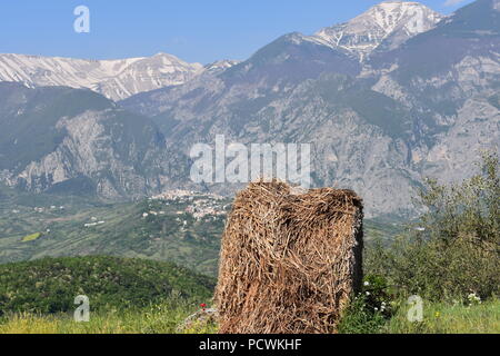 Single Hay mit Blick auf die Hügel von Fara San Martino, mit der Maiella Gebirge im Hintergrund. - Abruzzen - Italien Stockfoto