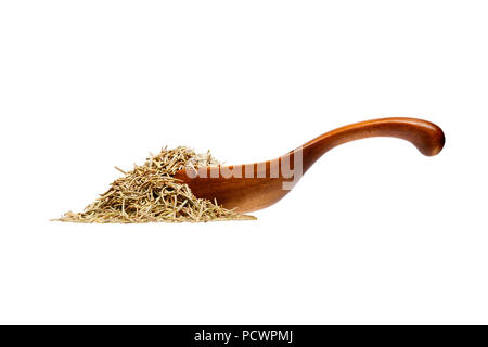Rosmarin Gewürz Kraut in den Löffel aus Holz, isoliert auf weißem Hinterg Stockfoto