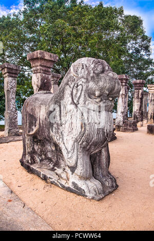 Lion Statue im Schloss von König Nissankamalia, der antiken Stadt Polonnaruwa, Sri Lanka Stockfoto