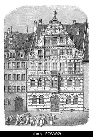 Peller Haus in Nürnberg, in 1602-07 im Stil der Renaissance erbaut, vintage Gravur. Im Zweiten Weltkrieg beschädigt, wieder aufgebaut mit einer modernen Fassade. Stockfoto