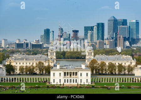 12-10-2017 London, UK. Ansicht des historischen Greenwich, Canary Wharf und die Stadt London Greenwich Park. Foto: © Simon Grosset Stockfoto