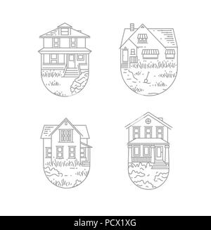 Satz von Haus Abzeichen verschiedene Formen zeichnen in flacher Stil auf weißem Hintergrund Stock Vektor