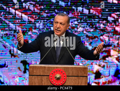 Ankara, Türkei. 3 Aug, 2018. Türkischen Präsidenten Recep Tayyip Erdogan liefert einer Rede im Präsidentenpalast in Ankara, Türkei, Aug 3, 2018. Türkischen Präsidenten Recep Tayyip Erdogan am Freitag verkündet ein ehrgeiziges 100-Aktionsplan, in dem Versuch, Währungsverfall zu kämpfen, bis das Wachstum antreiben und bremsen den rasant steigenden Inflation. Credit: Mustafa Kaya/Xinhua/Alamy leben Nachrichten Stockfoto