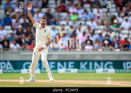 Edgbaston, Birmingham, Großbritannien. 4 Aug, 2018. Internationalen Test Cricket, Specsavers 1. Test, Tag 4, England und Indien; James Anderson appelliert, wird aber durch den Schiedsrichter Credit: Aktion plus Sport/Alamy leben Nachrichten Stockfoto