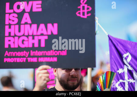 Brighton, Großbritannien, 4. Aug 2018. Besuchen Tausende von Menschen der südlichen britischen Stadt Brighton die jährliche Brighton und Hove Stolz. Die Veranstaltung umfasst die Pride Parade der Gemeinschaft ihren Weg von der Küste zum Preston Park, sowie Musik von Stars auf der Hauptbühne in Preston Park. 4 Aug, 2018. Der Stolz ist eine Feier der LGBT-Gemeinschaft und ihre Leistungen, sowie eine Förderung von Gleichheit und Vielfalt in einem sehr festlichen, farbenfroh und Karneval Atmosphäre Credit: Shane Wsilly/IMAGESLIVE/ZUMA Draht/Alamy leben Nachrichten Stockfoto