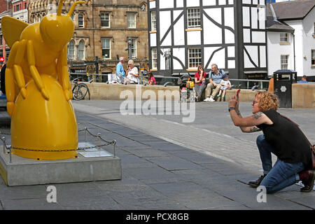 Manchester, UK, 3. Aug 2018. Die Frauen, die ein Foto von einem gelben Biene. Manchester City Rat und wild über Kunst bringt die Gemeinschaft gemeinsam mit "Biene in der Stadt, die über ein 1oo Riesen Biene Skulpturen individuell gestaltet und rund um die Stadt sieht. Es ist eine interaktive Anwendung für Familien zu verwenden, um den Bienen zu finden und es scheint zum Anziehen von Familien werden in alle Ecken der Stadt. Manchester, 4. August 2018 (C) Barbara Cook/Alamy leben Nachrichten Stockfoto