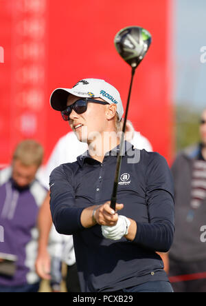 Lytham St Annes, UK, 4. Aug 2018. 4. August 2018, Royal Lytham & Amp; St Annes Golf Club, Lytham St. Annes, England; Ricoh Frauen British Open Golf, 3 Runde; Madelene Sagstrom (SWE) schlägt ihren Abschlag auf Loch 18 Stockfoto