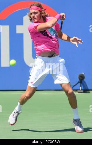 Washington, DC, USA. 4 Aug, 2018. STEFANOS TSITSIPAS Hits eine Vorhand während seiner Halbfinale bei der Citi geöffnet an der Rock Creek Park Tennis Center in Washington, DC Quelle: Kyle Gustafson/ZUMA Draht/Alamy leben Nachrichten Stockfoto