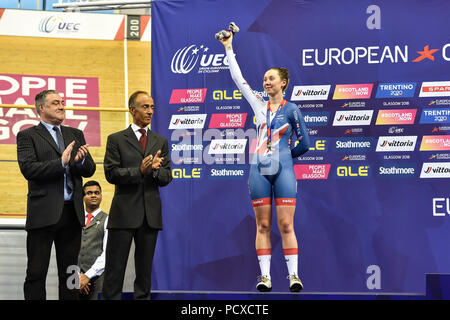 Glasgow, UK. 04 Aug, 2018. Katie ARCHIBALD (GBR) gewann den Titel radfahren Silber in der Einzelverfolgung der Frauen bei der Europameisterschaft 2018 in Glasgow im Sir Chris Hoy Velodrome am Samstag, den 04. August 2018. GLASGOW SCHOTTLAND. Credit: Taka G Wu Credit: Taka Wu/Alamy leben Nachrichten Stockfoto