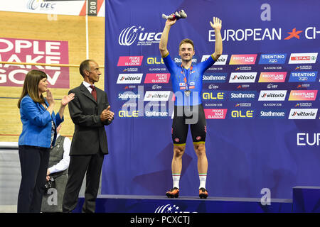 Glasgow, UK. 04 Aug, 2018. Elia Viviani (ITA) - Silber nach Männer Omnium IV - 25 km Rennen während der Europameisterschaft Glasgow 2018 Sir Chris Hoy Velodrome am Samstag, den 04. August 2018. GLASGOW SCHOTTLAND. Credit: Taka G Wu Credit: Taka Wu/Alamy leben Nachrichten Stockfoto