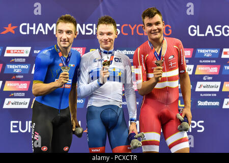 Glasgow, UK. 04 Aug, 2018. Ethan Hayter (GBR) - Gold, Elia Viviani (ITA) - Silber und Casper von Folsach (DEN) - Bronze nach Männer Omnium IV - 25 km Rennen während der Europameisterschaft Glasgow 2018 Sir Chris Hoy Velodrome am Samstag, den 04. August 2018. GLASGOW SCHOTTLAND. Credit: Taka G Wu Credit: Taka Wu/Alamy leben Nachrichten Stockfoto