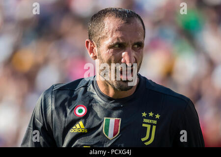 Maryland, USA. 4. August 2018. Juventus Verteidiger Giorgio Chiellini (3) schaut auf während einer Internationalen Champions Cup Match zwischen Real Madrid Juventus an FedExField in Landover, Maryland vs. Scott Taetsch/CSM Credit: Cal Sport Media/Alamy leben Nachrichten Stockfoto