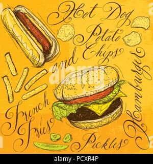 Fast Food mit Kalligraphie ein Cheeseburger, Hot Dog, Pommes frites, Kartoffelchips und Essiggurken mit Kalligraphie. Stock Vektor