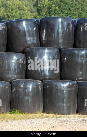 Gestapelte runde Silageballen in schwarz Film später für die Ernährung von Vieh genutzt werden. Stockfoto