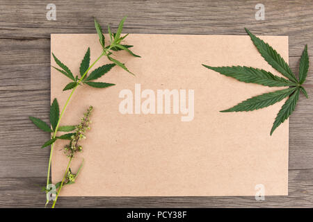 Hanf Blätter und Blüten mit Handwerk leeres Papier auf alten grunge Holz- Hintergrund. Ansicht von oben. Minimalistischer mockup. Stockfoto