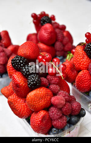 Frisches Obst in einem punnet für Verkauf, Erdbeeren, Brombeeren, Johannisbeeren, Himbeeren, Heidelbeeren Stockfoto