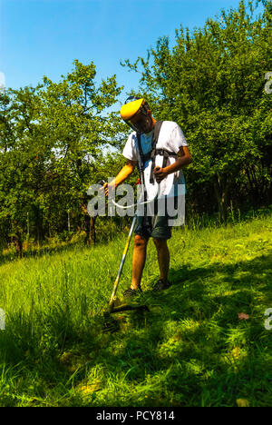 Nahaufnahme von Mann mähen Grün wildes Gras Feld mit freischneider Rasenmäher oder Power Tool string Rasentrimmer. Stockfoto