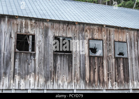 Nahaufnahme eines vernachlässigten alten Holzschuppen mit einem Metalldach, fehlende Glas und zerrissen und klaffende Patches über den leeren Fensterrahmen. Stockfoto