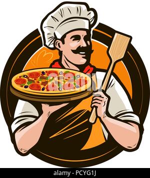 Eine Pizzeria, ein Fast-food-Logo oder Label. Happy Chef holding Pizza und Schulterblatt in Händen. Vector Illustration Stock Vektor