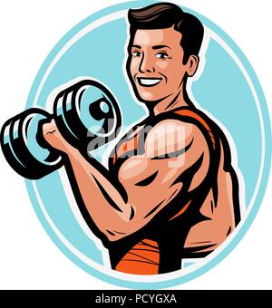 Starke athletischen Mann wirft schwere Kurzhanteln mit seinen Händen. Fitness, Body-building Konzept. Vector Illustration Stock Vektor