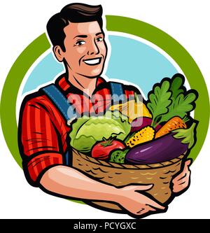 Gerne Bauer Holding Weidenkorb voll mit frischem Gemüse. Landwirtschaft, Bauernhof, Ernte Konzept. Cartoon Vector Illustration Stock Vektor