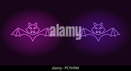 Neon Bat in Lila und Violett. Vector Illustration von bat für Halloween Party in leuchtenden neon Stil. Isolierte grafisches Element für Halloween Deko Stock Vektor