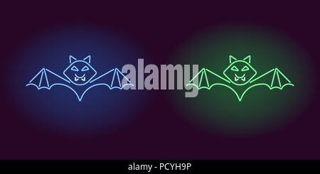 Neon Bat in Blau und Grün. Vector Illustration von bat für Halloween Party in leuchtenden neon Stil. Isolierte grafisches Element für Halloween decorat Stock Vektor
