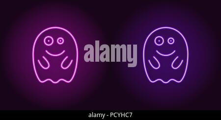 Hochfliegende neon Geist in lila und violett. Vector Illustration von Ghost mit Lächeln für Halloween Urlaub in leuchtenden neon Stil. Beleuchtetes Grafik Stock Vektor