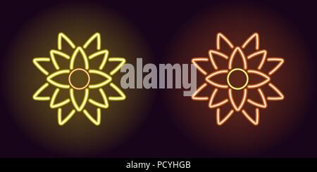 Neon Lotus mit Hintergrundbeleuchtung in Gelb und Orange. Vector Illustration von Lotus flower Symbol in leuchtenden neon Stil. Beleuchtetes grafisches Element für Stock Vektor