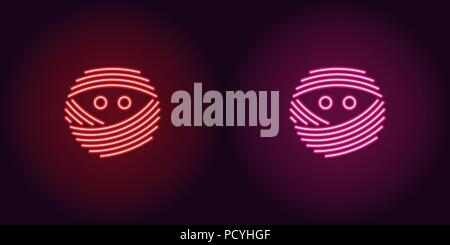 Neon Mumie Gesicht in rot und rosa Farbe. Vector Illustration Symbol der bandagierten Mumie Kopf mit Augen in leuchtenden neon Stil. Beleuchtetes grafisches Element fo Stock Vektor