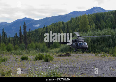 Marines mit 3 Bataillon, 23 Marine Regiment, konkurrieren in der 4. Marine Division jährliche Rifle Squad Wettbewerb, Sicherheit, nachdem sie von einer U.S. Army Sikorsky UH-60 Black Hawk bei Joint Base Elmendorf-Richardson, Anchorage, Alaska, 3. August 2018 gesunken. Super Squad Wettbewerbe wurden entwickelt, um eine 14-Mann Infanterie Squad in ein weites Feld und Live-fire Evolution zu bewerten. (U.S. Marine Corps Foto von Lance Cpl. Samantha Schwoch/freigegeben) Stockfoto