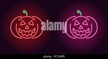 Böse neon Kürbis in rot und rosa Farbe. Vector Illustration Symbol von Halloween Kürbis mit bösen Lächeln in leuchtenden neon Stil. Beleuchteten Grafikdisplay elem Stock Vektor