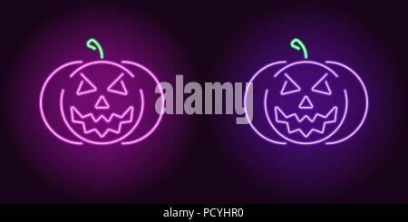 Böse neon Kürbis in lila und violett. Vector Illustration Symbol von Halloween Kürbis mit bösen Lächeln in leuchtenden neon Stil. Grafik beleuchtet Stock Vektor