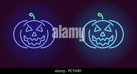 Böse neon Kürbis in Blau und Hellblau Farbe. Vector Illustration Symbol von Halloween Kürbis mit bösen Lächeln in leuchtenden neon Stil. Beleuchtetes Grafik Stock Vektor