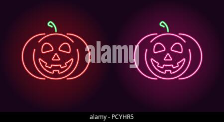 Art neon Kürbis in rot und rosa Farbe. Vector Illustration Symbol von Halloween Kürbis mit freundlichen Lächeln in leuchtenden neon Stil. Beleuchteten Grafikdisplay elem Stock Vektor