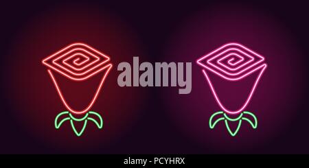 Neon Rose Blume in rot und rosa Farbe. Vector Illustration Symbol der Spirale rose in leuchtenden neon Stil. Beleuchtetes grafisches Element für die Dekoration Stock Vektor