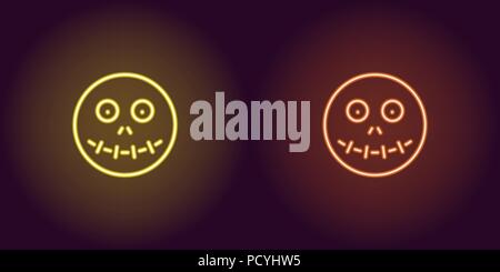 Neon zombie Kopf in Gelb und Orange. Vector Illustration Symbol von Zombie Gesicht mit angenähten Mund in leuchtenden neon Stil. Beleuchtetes Grafik Grundschule Stock Vektor