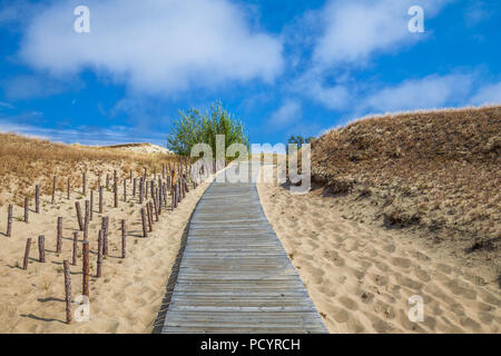 Dünen mit Holzsteg über Sand in der Nähe von Ostsee. Board weg über Sand Strand Dünen in Litauen. Stockfoto