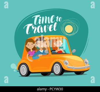 Travel Concept. Gerne Freunde Fahrt retro Auto auf Reise. Lustige cartoon Vector Illustration Stock Vektor