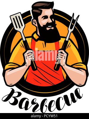 BBQ, barbecue Logo oder Label. Koch oder Köchin gerne mit einem Grill Werkzeuge Spachtel und Gabel. Cartoon Vector Illustration Stock Vektor